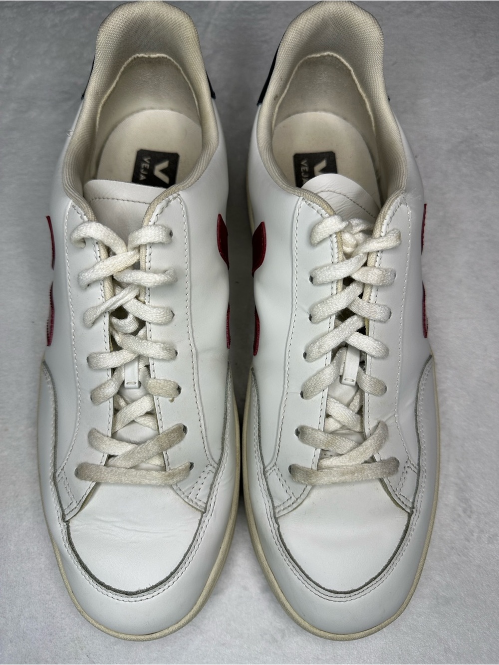 Veja Women’s V-12 White Leather Sneakers with Red Side V 12